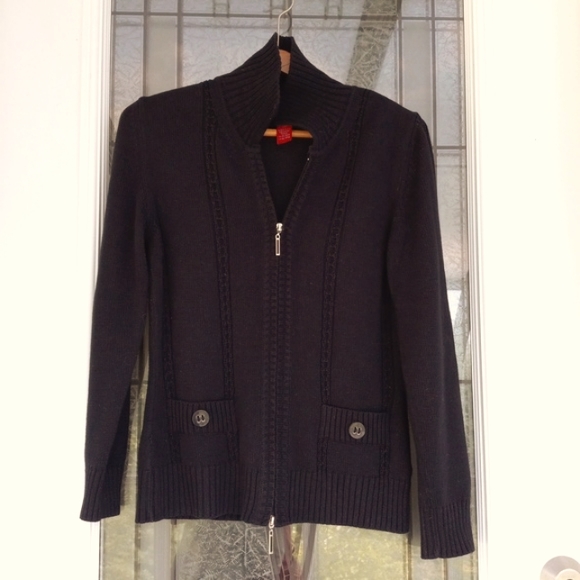 Olsen Europe NavyBlue Zippered Cardigan/Sweater Pockets Rib+Cable Knit Size S/M - Picture 2 of 7